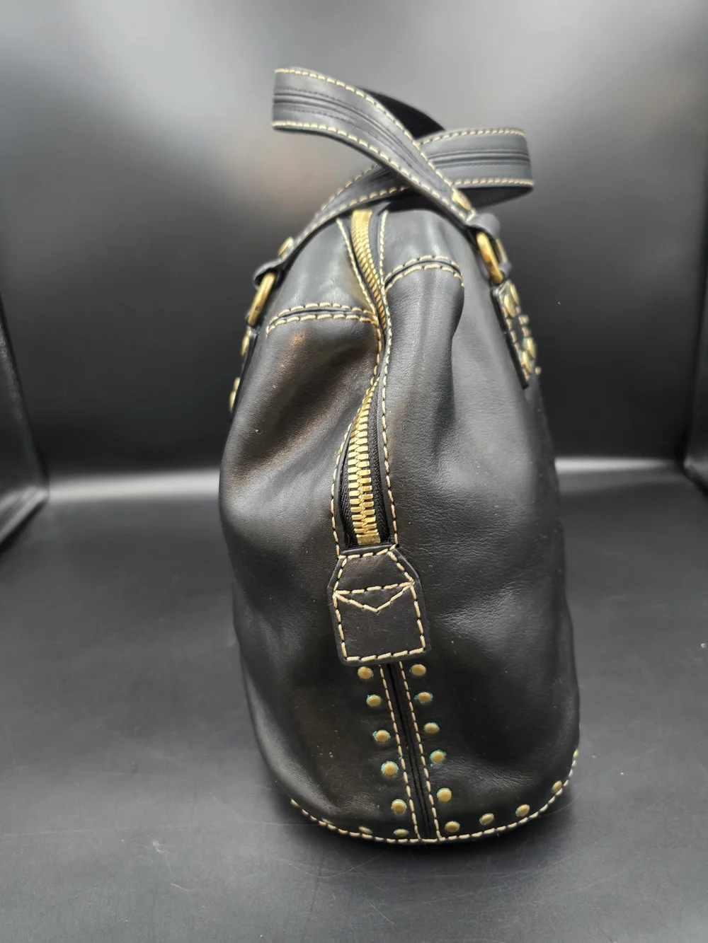 Michael Kors Black Leather Stud-Accent Satchel with Gold Hardware